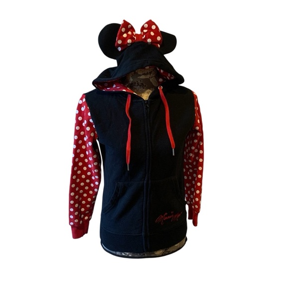 DISNEY Minnie Mouse Red and Black Polka Dot Hoodie with ears size XS - Picture 2 of 9